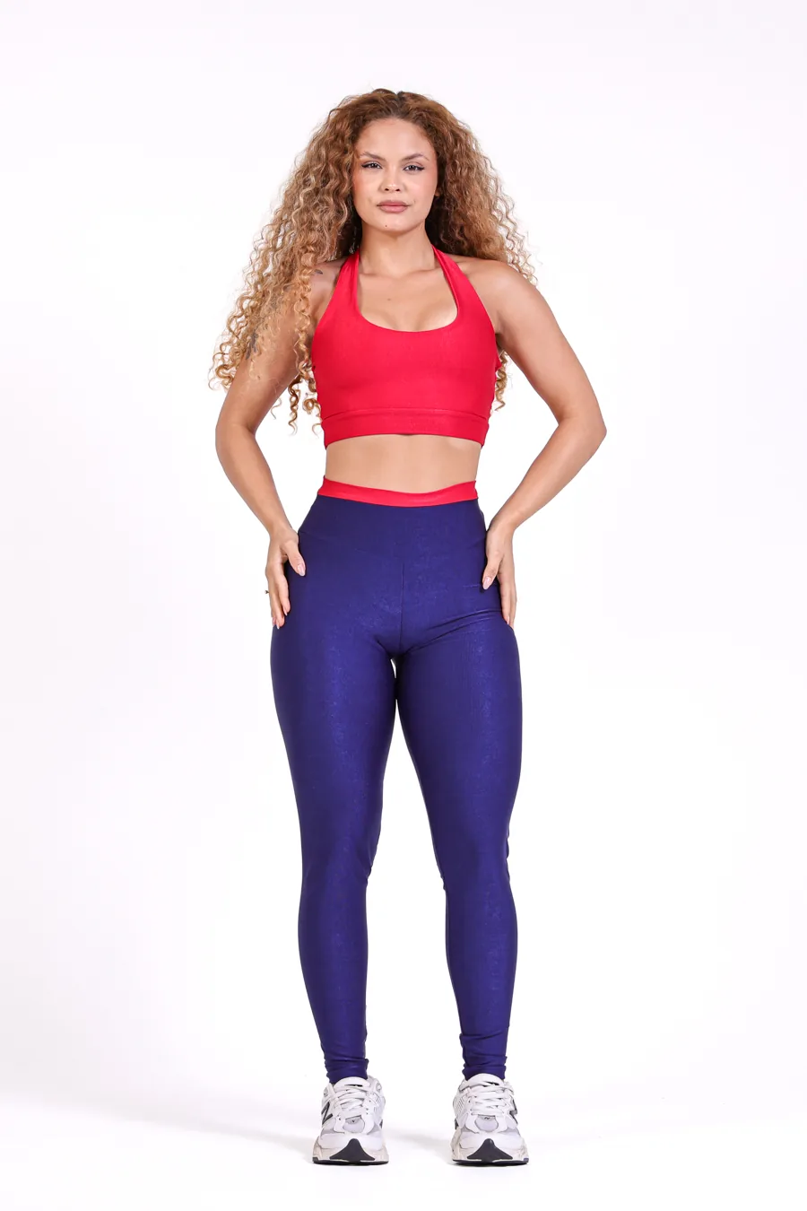 Legging canelada vermelha bicolor Thamires, conjunto canelado de compressão, vista frontal, BFF Fitness Atacado