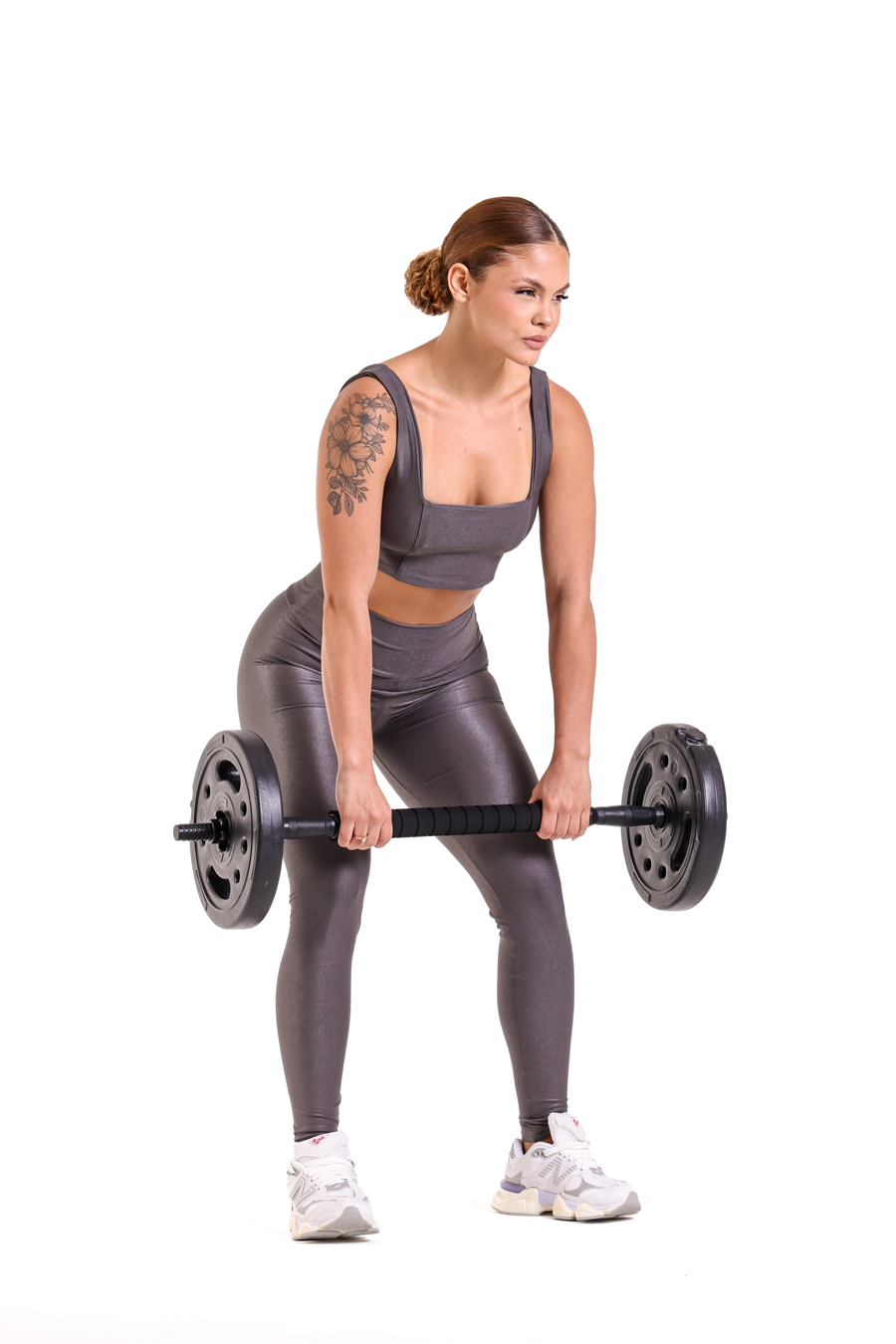Revender roupa fitness sem CNPJ: Conjunto Legging + Top Canelado de Compressão Grafite, foto de estúdio BFF Fitness Atacado
