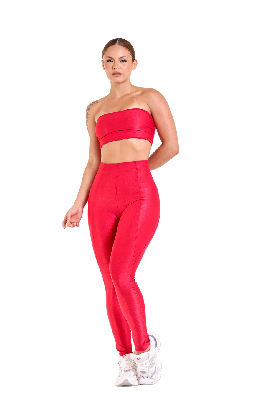 Conjunto tomara que caia vermelho com legging, moda fitness atacado Cariacica, BFF Fitness