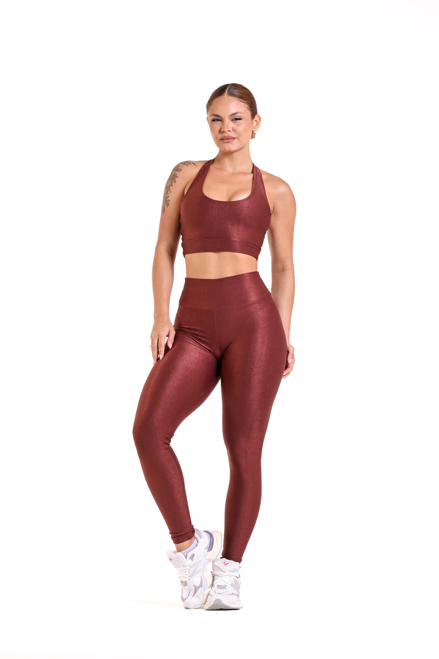 Conjunto Poliamida Marrom Café BFF Fitness Atacado, peça neutra de giro constante
