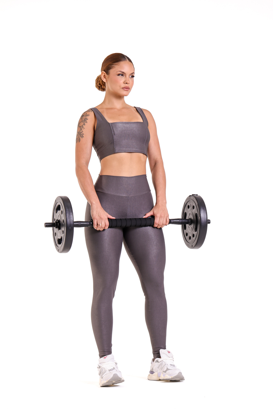 Roupa para yoga feminina: legging grafite lisa de poliamida em movimento, cós alto