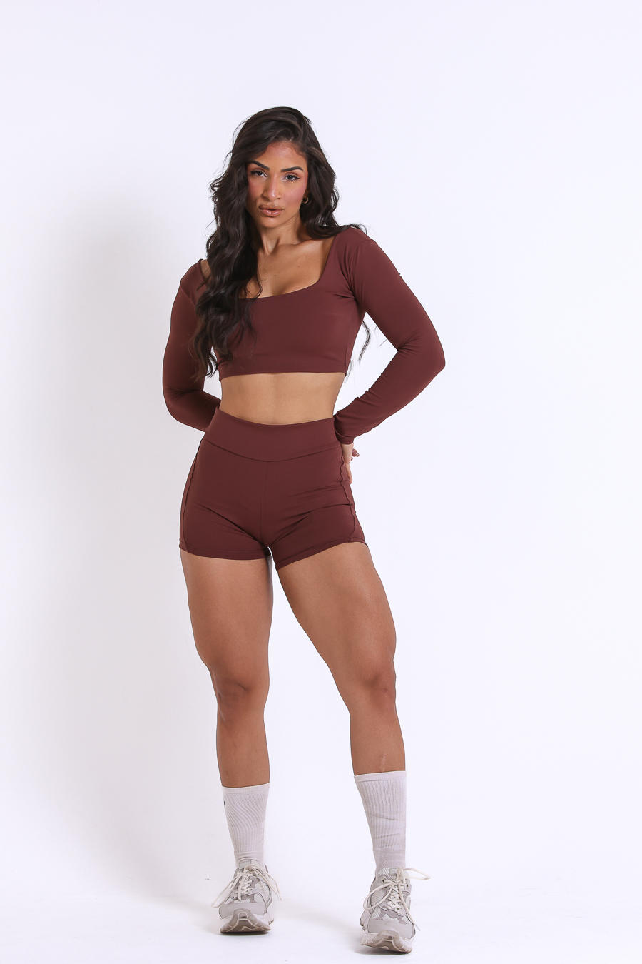 Conjunto short cropped manga comprida marsala BFF Fitness Atacado, exemplo de conjunto completo para classificado